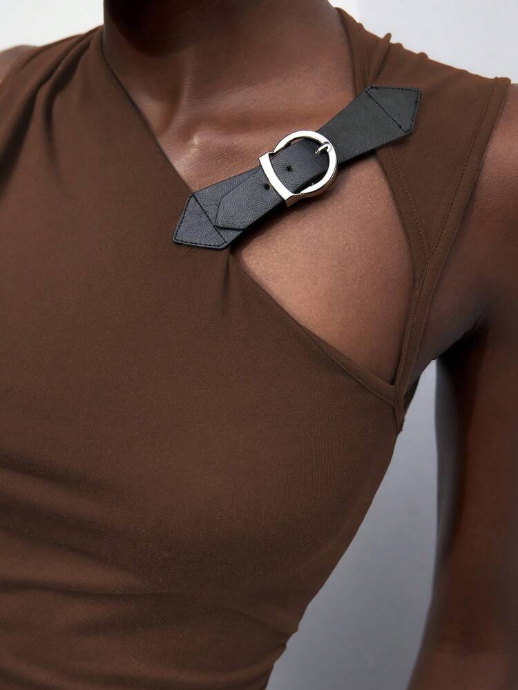 SHEIN Maija 2025 Spring/Summer & Early Autumn Independence Day July Women's Brown Fitted Buttoned Decorative Design Modern Urban Chic Versatile Top, Black Hollow-Out PU Leather Decor Sleeveless Modern Urban Casual Women Apparel