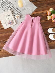 SHEIN 女婴甜美梦幻粉色网纱连衣裙，饰有精致蝴蝶结，适合外出、度假和拍照。 - 粉色 - 查看 2