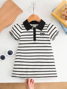 SHEIN Baby Girls' Casual Bow Embroidered Textured Striped Polo Collar Patch Front Puff Sleeve Dress, Cute Princess Style Suitable For Summer Casual, Holiday, Street Wear - Black and White - View 6