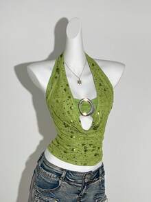 Sweetra Áo tank top mùa hè mới về dành cho nữ, kiểu dáng gợi cảm, đính hạt cườm, thiết kế cổ yếm. - màu xanh lá - Xem 3