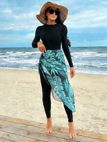 Swim Mulvari 2 piezas Conjunto burkini de mujer con estampado floral tropical + falda con cordón, conjunto de playa de cobertura completa para vacaciones, primavera/verano - Negro - Ver 4