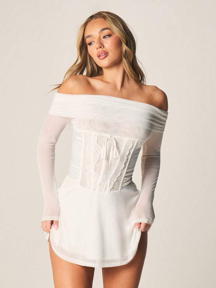 MISSGUIDED Off Shoulder Chiffon Mini Dress With Corset Lace Up Detail Long Sleeve Party Evening Dress