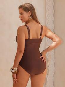 Swim Chiccia Plus Size One-Piece Swimsuit For Women, European & American Style, Nylon Shiny Fabric, Slimming Design - Coffee Brown - View 2