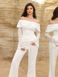 Seusyu Women's Elegant Lace Patchwork Off-Shoulder Fitted Top + Flare Pants Suit, Spring/Summer - White - View 6