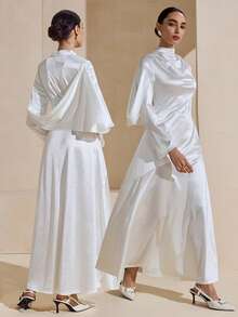 Graceveil Đầm dài tay thanh lịch, màu trơn, bóng bẩy, xếp ly, thắt eo, tinh tế dành cho nữ. - Màu be - Xem 2