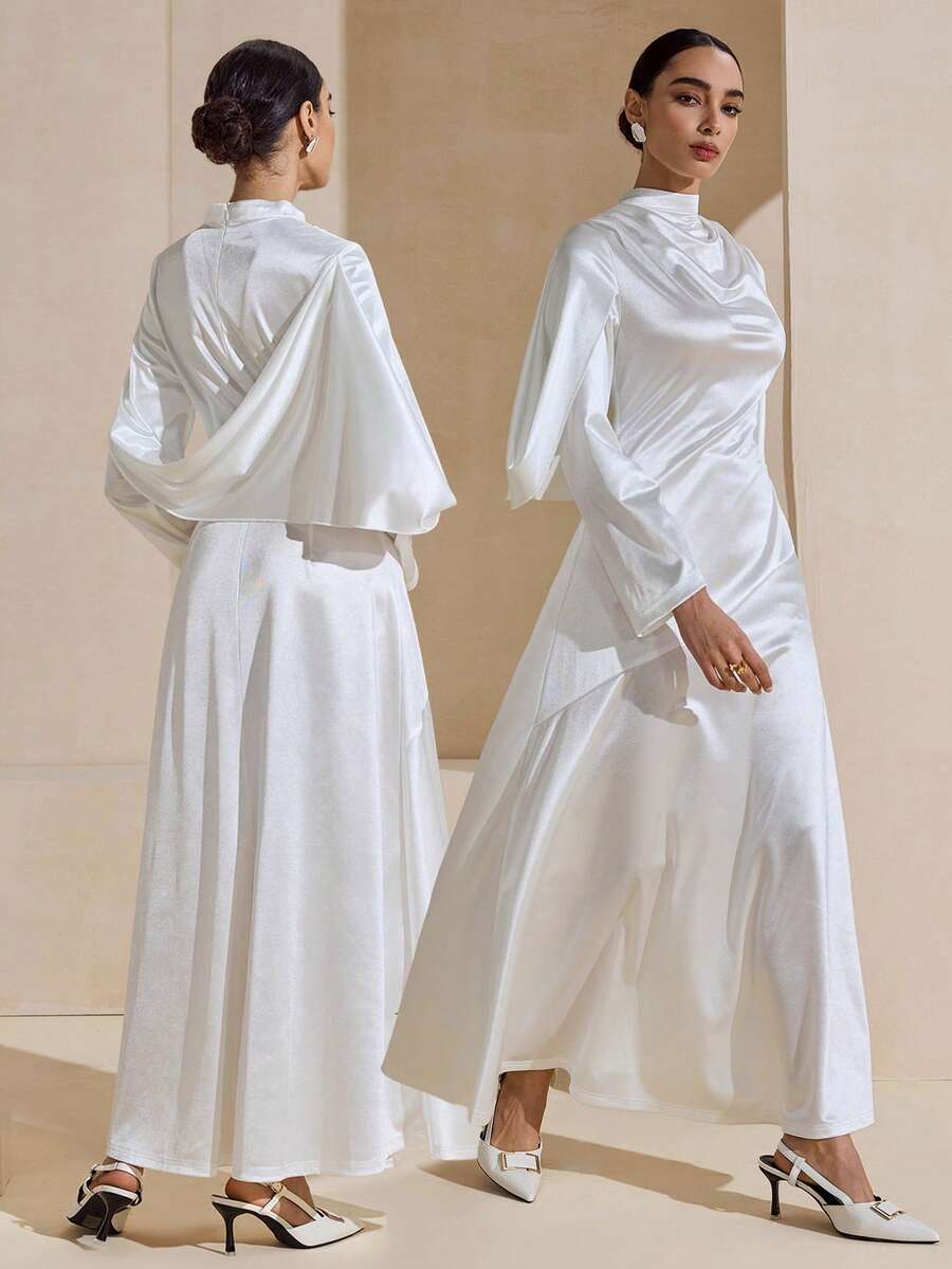 Graceveil Đầm dài tay thanh lịch, màu trơn, bóng bẩy, xếp ly, thắt eo, tinh tế dành cho nữ.