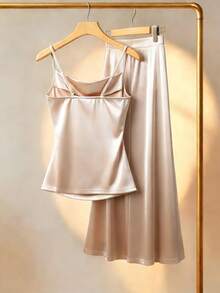 Franclia 两件套优雅职业装纯色缎面翻领衬衫和裙子 - 杏色 - 查看 2