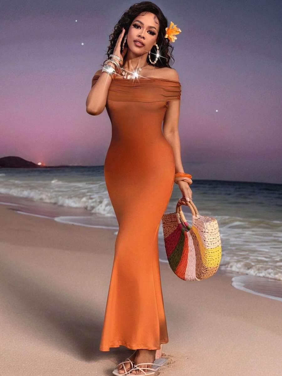 Lureya 女士时尚露肩扎染紧身连衣裙，收腰设计，性感迷人，适合旅行、假日派对、日常穿着，春夏皆宜 - 彩色 - 查看 1