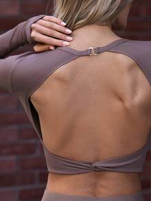 Activina Women's Solid Color Round Neck Open Back Twist Detail Sports Tank Top - Khaki - View 5