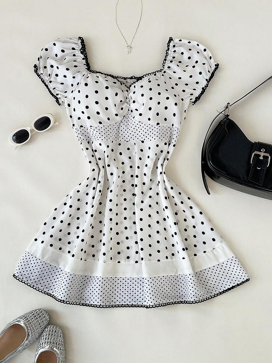 Elamini Women's Polka Dot Print Casual Short Sleeve Dress White Polka Dot Dress Polkadot Dress Mini Dress Summer Dress Cute Dress - Black and White - View 1