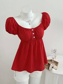 Elamini Áo sơ mi nữ tay ngắn cổ vuông in chấm bi thoải mái - Đỏ - Xem 6