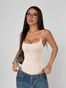 FavEase Women's Fashionable Minimalist Low Neck Solid Color Casual Bodysuit, Suitable For Spring/Summer, European And American Style - Apricot - View 4