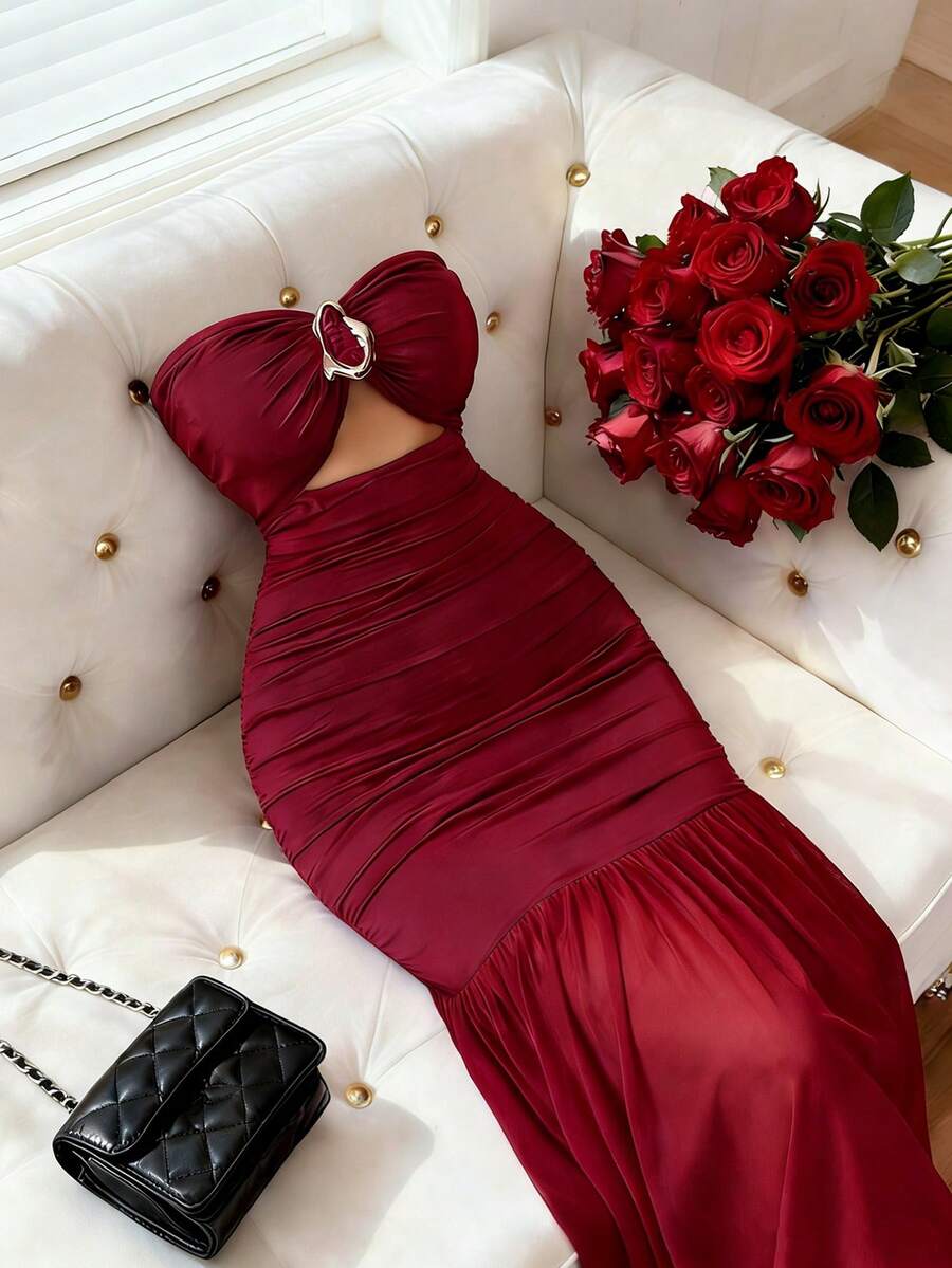 Elenzga 新款女式网眼透视拼接紧身胸衣装饰纽扣镂空设计腰部 A 字中长连衣裙，休闲度假风格，优雅年轻女士，春/秋 - 酒紅色 - 查看 1