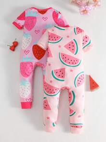 Bộ 2 món áo liền quần in hình dâu tây và dưa hấu cho bé gái, kèm quần legging, kiểu dáng thoải mái, mềm mại, thích hợp cho mùa hè. - Hồng - Xem 2