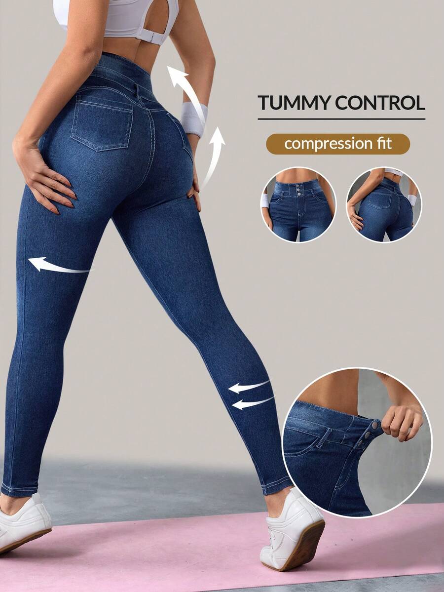 Flexra 女士高腰紧身牛仔裤 - 深色水洗藍 - 查看 1