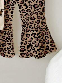 1 Set Niñas Bebé Lindo Oreja de Conejo y Estampado de Leopardo Cuello Redondo Manga Corta Camiseta y Pantalones Campana de Leopardo Conjunto Lindo, Ropa con Estampado de Conejo de Dibujos Animados, Primavera a Verano, Atuendos de Verano, Atuendo de Pascua - Multicolor - Ver 4