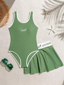 Tween Girl Summer Vacation Beach Letter Graphic One-Piece Swimsuit And Cover-Up Skirt Set - Army Green - View 3