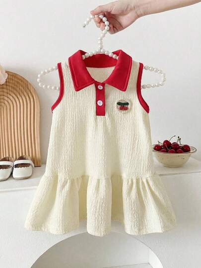 SHEIN Baby GirlCasual Everyday Cute Textured Cherry Decor Contrast Color Sleeveless Dress, Beige