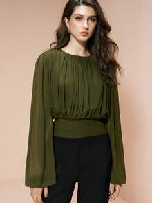 Arave Women's Knitted Mesh Fabric, Wide Round Neck, Straight Shoulders, Long Sleeves, Fitted Waist With Pleats, Casual Everyday Cropped Top Valentine Outfits For Women Valentine's Day - Army Green - View 7