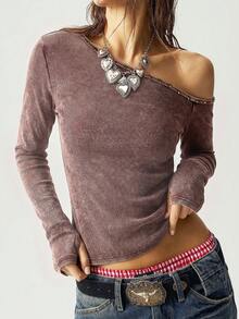 Bohemela Áo thun nữ tay ngắn dệt kim màu trơn, kiểu dáng bất đối xứng, vai lệch, phong cách thường ngày. - Đỏ - Xem 4