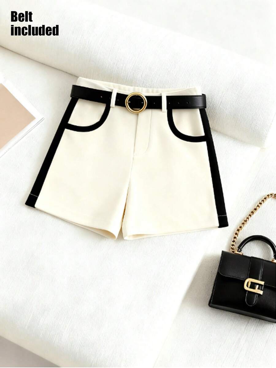 Franclia Women's Casual Everyday/Work Commute Contrast Piping Shorts With Belt - Apricot - View 1
