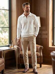 Manfinity Homme Men's Heavyweight Textured Casual Commute Minimalist Textured Polo Sweatshirt - White - View 3