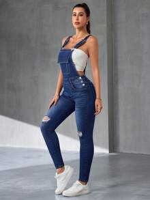 Flexra Slim Fit Sleeveless Square Neck Tie Pocket Distressed Casual Versatile Denim Jumpsuit - Dark Wash - View 5