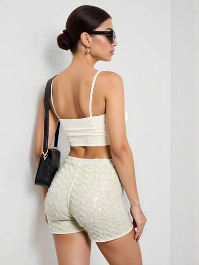 SHEIN Glamour 女士亮片短裤，魅力派对短裤，修身显瘦短裤