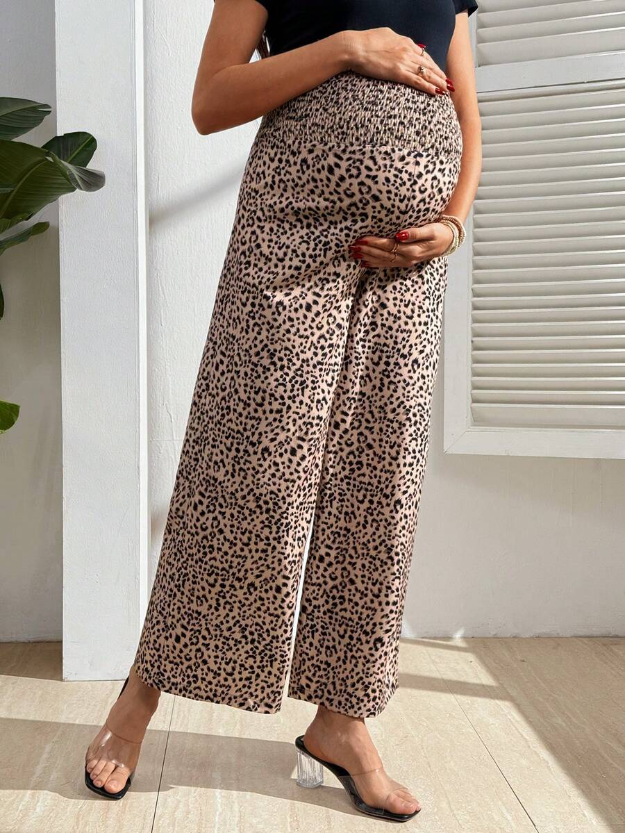 SHEIN 休闲豹纹弹力腰孕妇阔腿裤，夏季 - 彩色 - 查看 1
