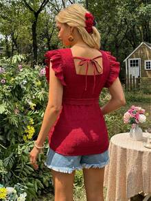 SHEIN Solid Color Textured Fabric Ruffle Sleeve Tie Bow Maternity Blouse - Burgundy - View 2