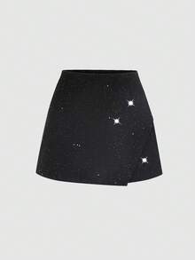 Sweetra Falda de moda brillante con dobladillo asimétrico de unicolor para mujer - Negro - Ver 1