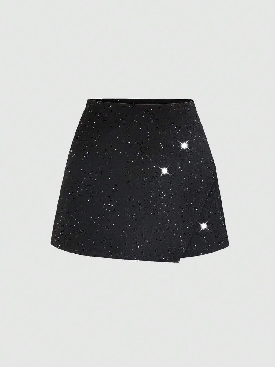 Sweetra Falda de moda brillante con dobladillo asimétrico de unicolor para mujer - Negro - Ver 1