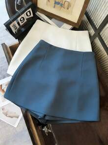 Franclia Fashionable Casual Commuter Versatile Textured Soft Fabric High Waist Slit Gray Women Shorts/Skirt/Culottes/Hot Pants, Spring/Autumn Blue Blue Skirt Vintage Mini Skort Blue Skort Women Skorts Skirt Short Ladies' Culottes Women's Culottes Double-Layered Hem A-Line Skirt - Blue - View 2