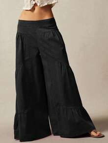 Bohemela 女士纯色阔腿低腰宽松梭织裤 - 黑色 - 查看 3