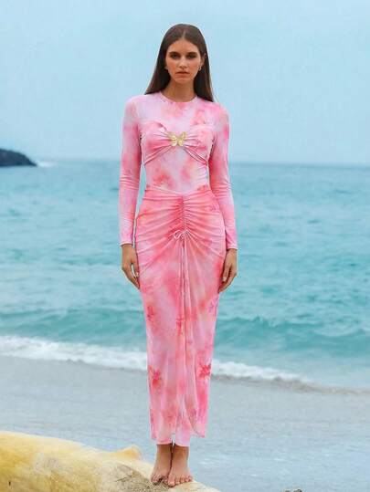 Swim Shayni Women's Bohemian Style Fashion Tie-Dye Floral Tie Dye Print Metal Butterfly Decor 3-Piece Set: Bikini Swimsuit + Pants + Drawstring Maxi Skirt, Summer Swimwear