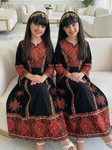 Girls Digital Print Middle Eastern Style Casual Everyday Dress, Suitable For Outings And Daily Activities - Black - View 1