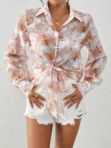 Rafferiza Áo kiểu tay dài bằng vải chiffon in họa tiết, khoét eo, đính đá lấp lánh, buộc dây ở gấu áo. - Nhiều màu - Xem 10