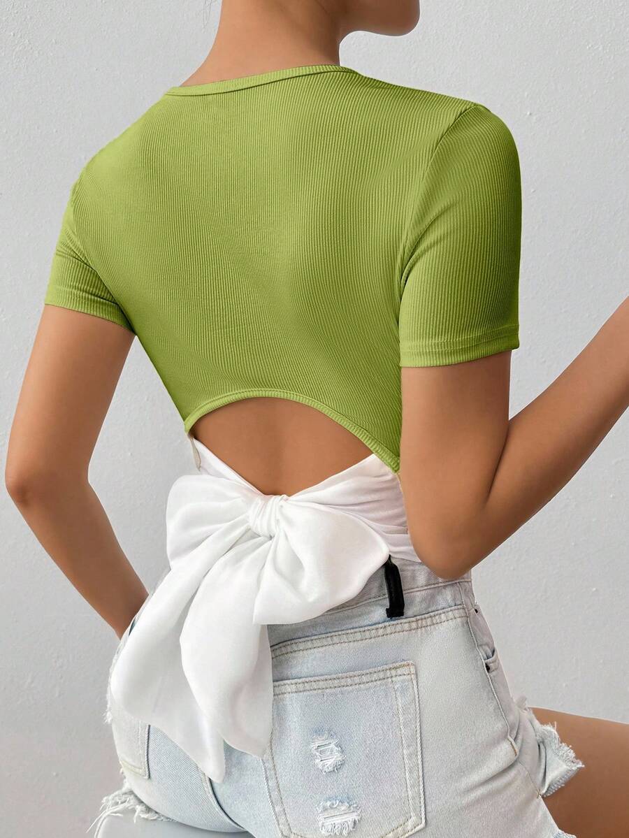 SHEIN Glamour 女士纯色简约圆领短袖T恤,日常穿着 - 青檸色 - 查看 1