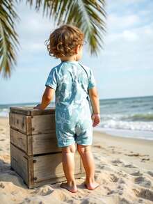 SHEIN Đồ bơi liền thân tay ngắn họa tiết rùa biển hoạt hình cho bé trai, thích hợp đi biển, hồ bơi, kỳ nghỉ hè - Màu xanh bạc hà - Xem 2