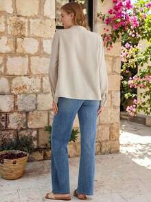 Parysyn Plus Size Elegant Women's Cream Blouse With Pleated Front And Banded Collar Long Sleeves For Everyday Wear Casual Blouse Western Tops Ribbed Shirt - Apricot - View 2