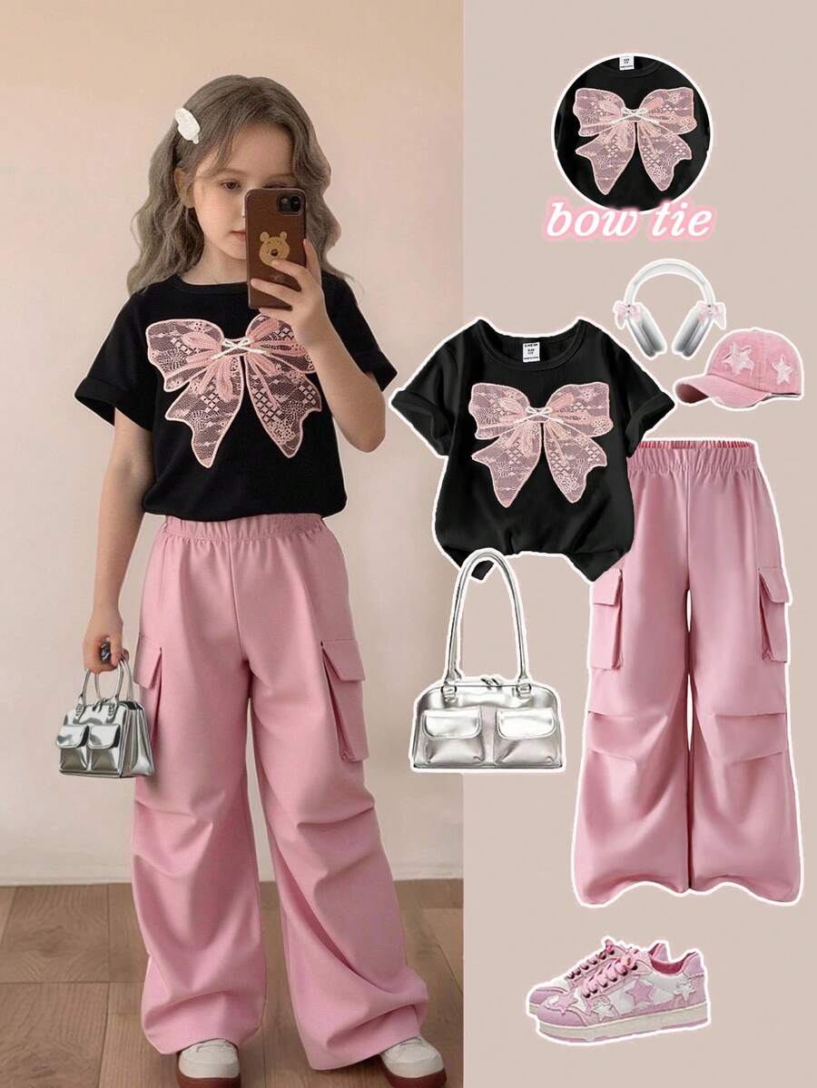 SHEIN ChillGRL 2 件套青少年女孩休闲 T 恤和工装裤套装，蝴蝶刺绣图案圆领短袖 T 恤和裤子，春夏季时尚服装 - 粉色 - 查看 1