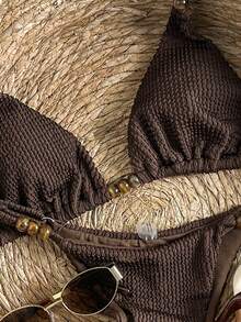 Swim Mod Women's Jacquard Fabric Beaded Halter Bikini Set, Spring/Summer - Brown - View 4