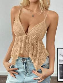 Glamine Áo hai dây ren trắng vạt lệch cho nữ mùa hè - Màu Khaki - Xem 6