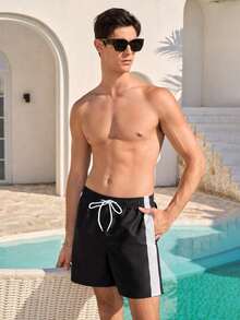 Zalmeno 男士撞色斜插口袋抽绳腰休闲沙滩短裤黑白泳裤男士泳装男士沙滩装黑白短裤男士加大码男士沙滩短裤 - 黑色 - 查看 8