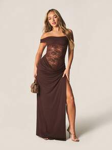 MISSGUIDED Vestido largo con escote descubierto, Body de encaje, abertura lateral y drapeado fruncido para fiesta de noche - Café integral - Ver 1