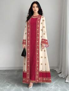 SHEIN Najma 女士花卉图案拼接数码印花优雅圆领长款连衣裙搭配阿巴雅开衫，春夏两件套 - 彩色 - 查看 1