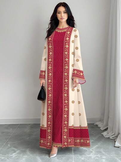 SHEIN Najma Women's Floral Silhouette Colorblock Digital Print Elegant Round Neck Maxi Dress With Abaya Cardigan, Spring/Summer 2-Piece Set