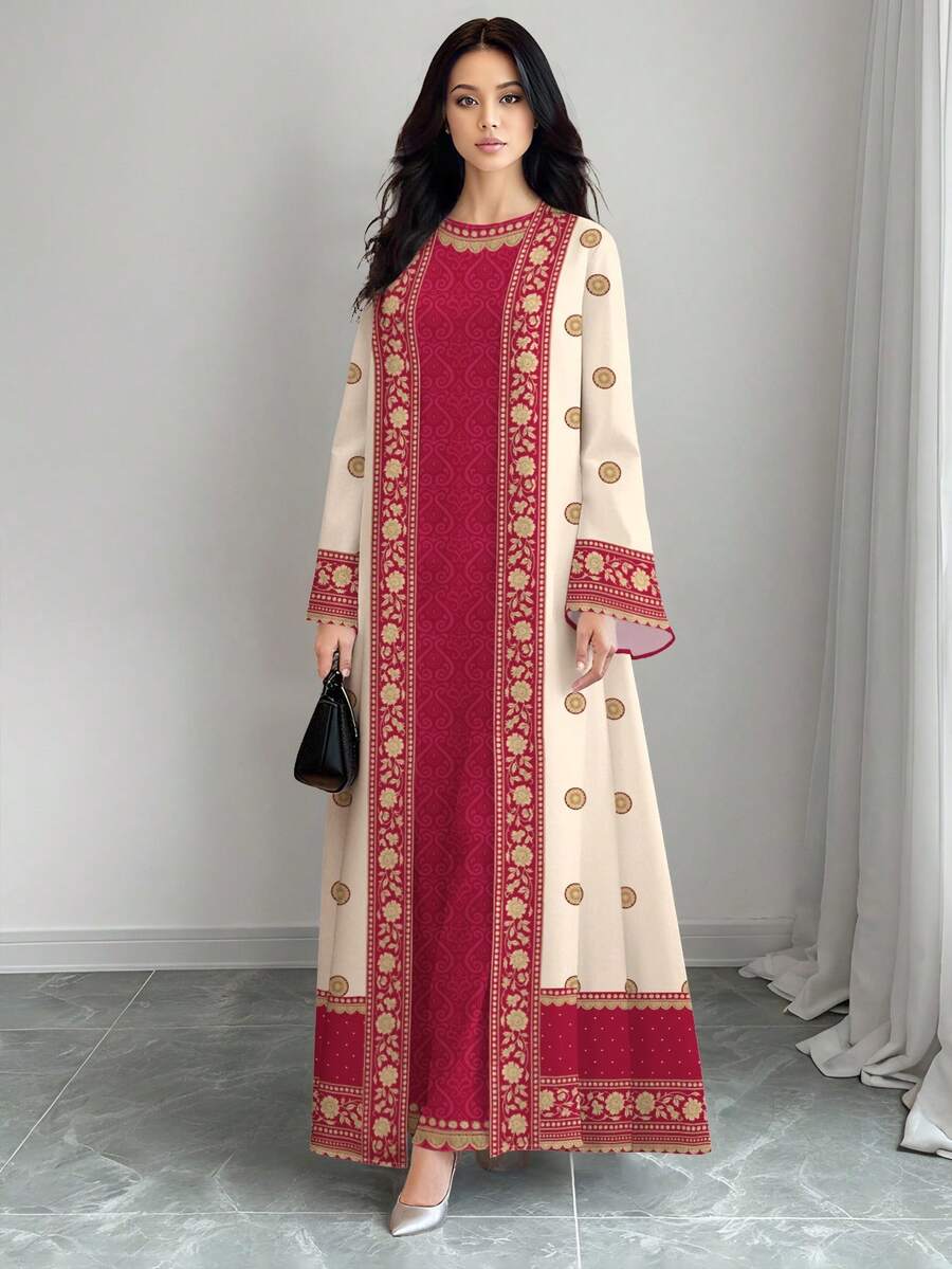 SHEIN Najma 女士花卉图案拼接数码印花优雅圆领长款连衣裙搭配阿巴雅开衫，春夏两件套 - 彩色 - 查看 1