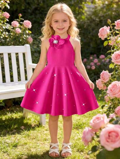 Young Girls Fuchsia Halter Neck Floral Pearl Decor A-Line Dress, Sweet Princess Style Suitable For Birthday Party, Summer