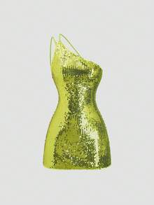 Sweetra Robe mini sans manches chic de vacances à ligne évasée avec décorations de bretelles élastiques asymétriques, taille cintrée avec sequins verts et perles - Vert - Voir 3